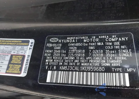 2019 Hyundai Tucson Ultimate from USA, damaged, VIN KM8J3CAL1KU959680